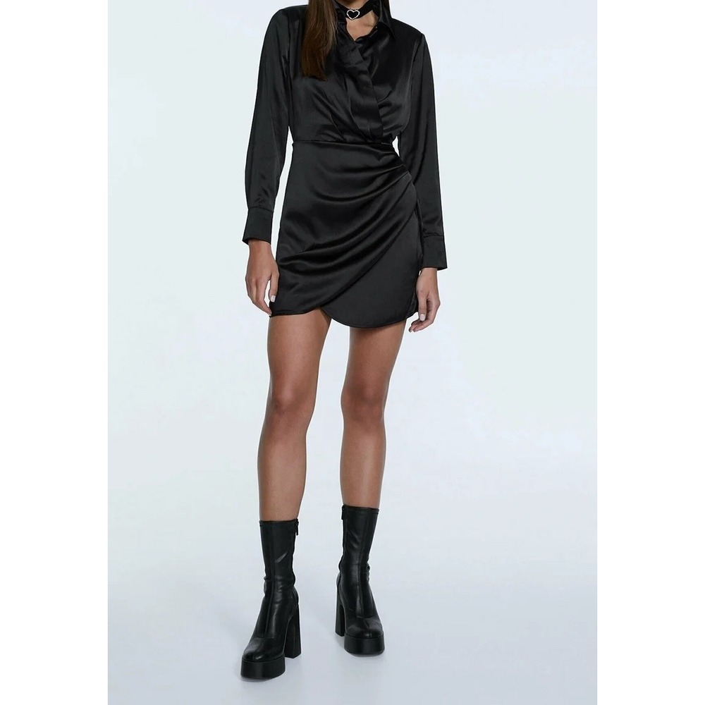 Stradivarius NEW Black Satin Wrap Long Sleeve Collared Mini Dress SMALL Party